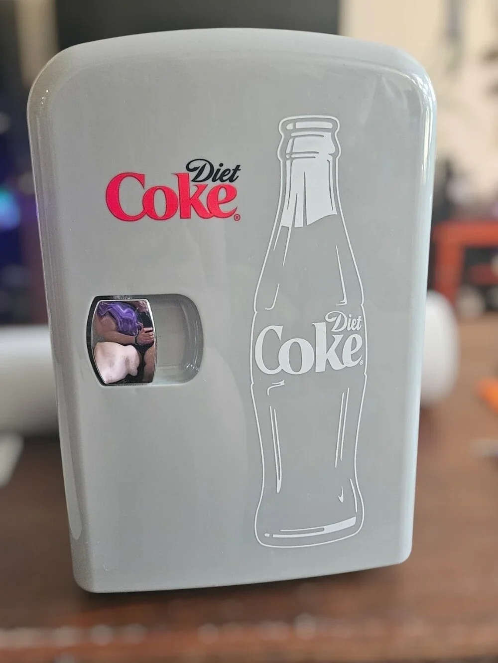 Coca-Cola Mini Fridge — Light Gray with White and Black Label With Cord.